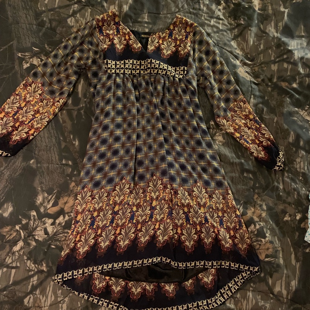 Brown and navy paisley dress